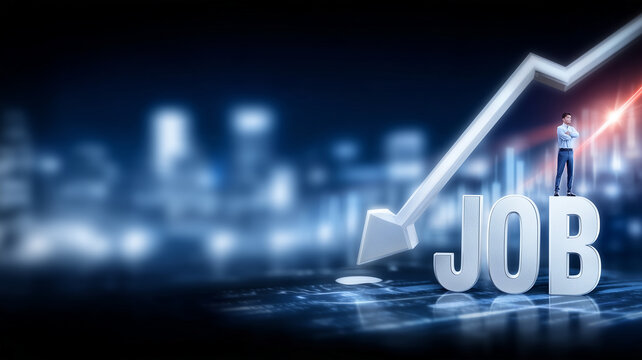A businessman standing on the word JOB beneath a falling arrow represents employment decline and labor market uncertainty.
