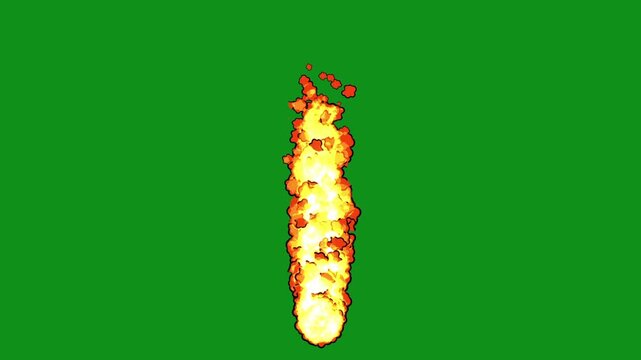 Rising Cartoon Fire Stream on Green Screen Background, Animated Flame Effect for Action Scenes, Creative Overlays, Motion Graphics, Visual Effects and Digital Video Projects