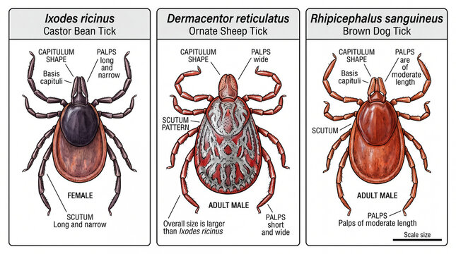 Anatomical vector chart comparing Ixodes ricinus, Dermacentor reticulatus, and Rhipicephalus sanguineus tick species