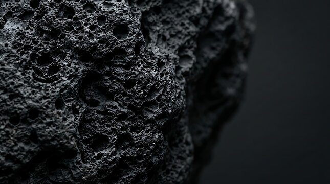 Macro view of porous black volcanic basalt rock featuring rough stone texture for natural geology backgrounds.