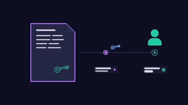 Seamless 4K looping animation illustrating power of attorney. Flat vector shapes, glowing blue and azure details and dark interface cards with blank text placeholders sit on a deep dark background, le