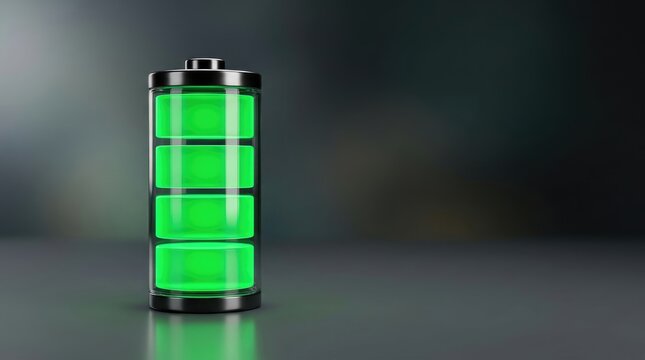 Glowing green battery icon showing full charge status with a sleek dark glass modern aesthetic design