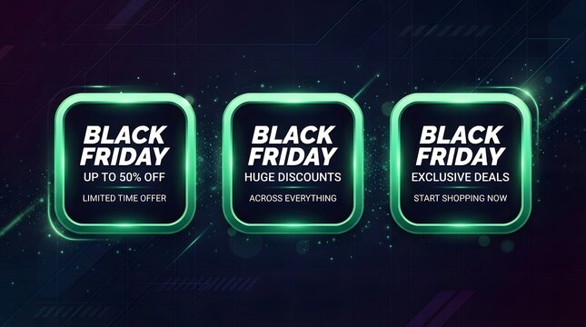 Black friday sale promotional banners with glowing green neon frames and text on a dark tech background