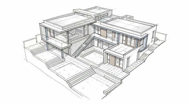 Contemporary villa exterior design appears in an aerial perspective sketch illustrating multi-level terraces and patio.