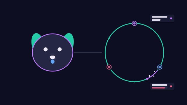 Seamless 4K looping animation illustrating daily dog walk. Flat vector shapes, glowing blue and azure details and dark interface cards with blank text placeholders sit on a deep dark background, leavi