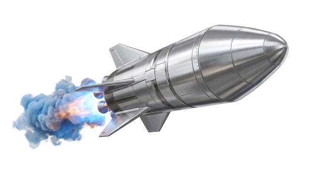 Silver retro rocket ship launching with a trail of fire and blue smoke isolated on transparent background