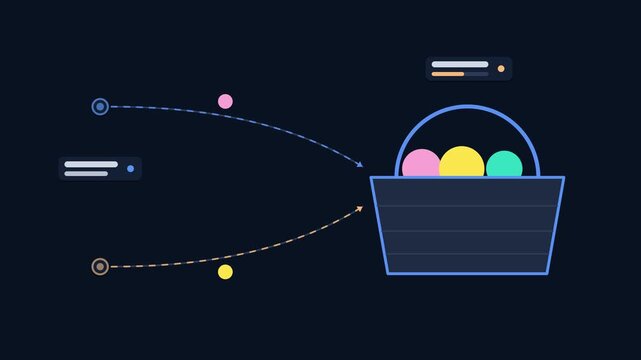 Seamless 4K looping animation illustrating harvest vegetables. Flat vector shapes, glowing blue and azure details and dark interface cards with blank text placeholders sit on a deep dark background, l