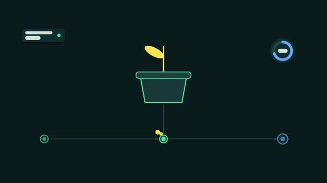 Seamless 4K looping animation illustrating add fertilizer. Flat vector shapes, glowing bright green details and dark interface cards with blank text placeholders sit on a deep dark background, leaving