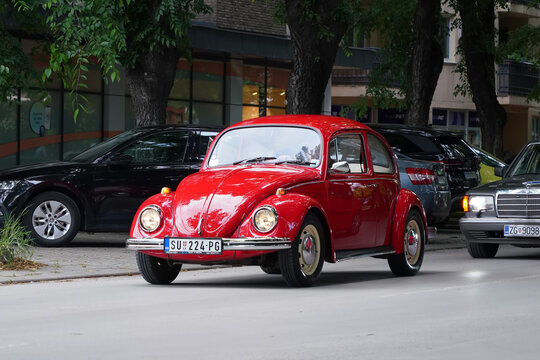 Red classic 1970s Volkswagen Beetle oldtimer driving with headlights on along street surrounded by modern traffic, automotive history, heritage and evolution of design. Subotica, Serbia, Jun 6 2026