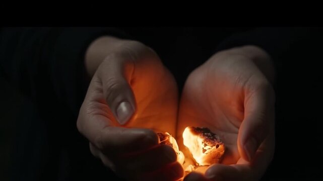 Hands Holding Glowing Burning Charcoal Ember Splitting in Half Darkness Close Up