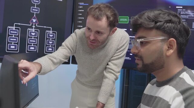 Team programmer or software development working coding cybersecurity on computer at data center office. Computer engineer use technology artificial intelligence verifying or writing code algorithm.