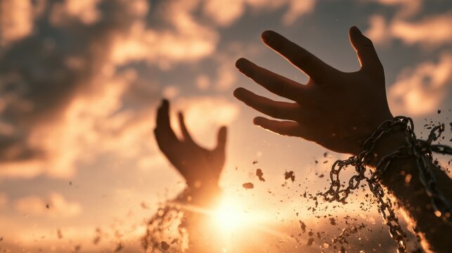 Silhouette of open hands breaking free from chains during sunset with glowing sky and dramatic clouds in background