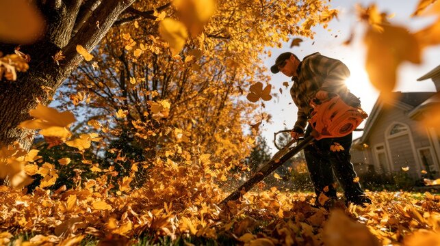 Man using electric leaf blower to clear brown fallen leaves in yard under autumn tree with warm sunlight and clear blue sky