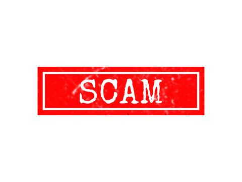 A rectangular red rubber stamp with the word scam written in white capital letters, isolated on a solid black background, for digital use isolated on a transparent background