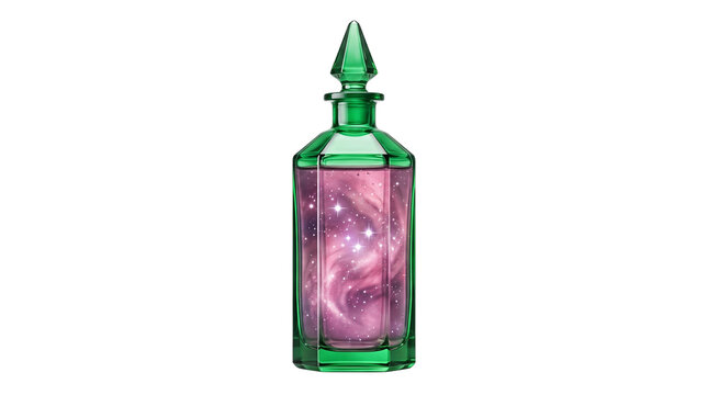 Magical potion bottle containing a swirling pink galaxy and sparkling stars isolated on transparent background