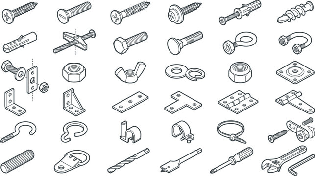 Fasteners and Hardware Construction Tools Line Icon Set with Screws, Bolts, Nuts, Wall Anchors, Hinges, Brackets, and Drill Bits for Vector Graphic Design