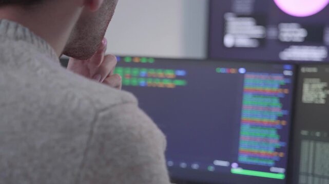 Computer engineer or software development typing, coding cybersecurity on laptop computer data center office for concept technology artificial intelligence verifying code algorithm, thinking analysis.