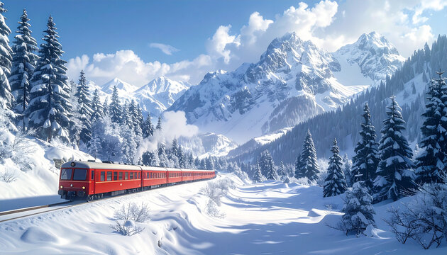 Red Swiss Train Traveling Through Snowy Mountain Landscape