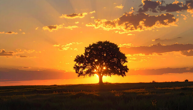 Majestic tree silhouetted against a dramatic sunset sky