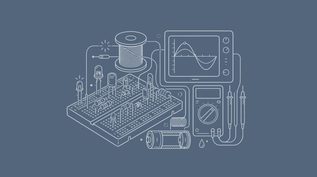 An electronic circuit breadboard with components, a spool of wire, an oscilloscope display, and a multimeter represents a science and technology concept.