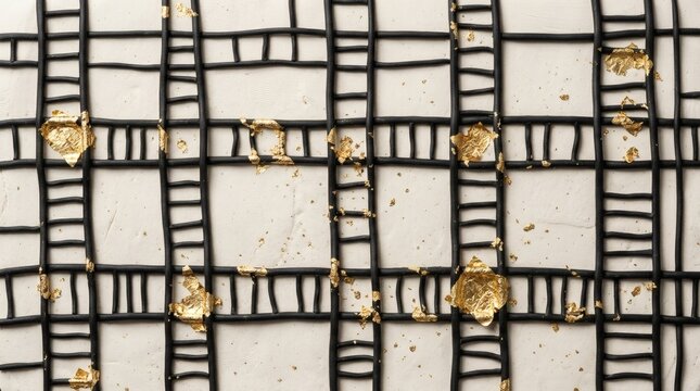Abstract geometric pattern with black lines and gold leaf accents on white background