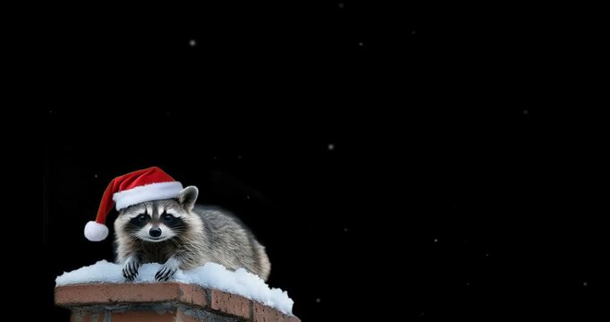 Cute raccoon wearing a red Santa hat sitting on a snowy brick chimney with falling snow on black background. Funny Christmas animal holiday animation with copy space