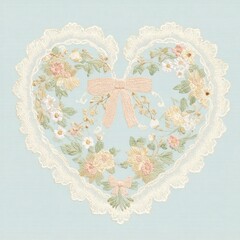 Fototapeta premium Intricate lace heart with floral embroidery and a pink bow on blue fabric.