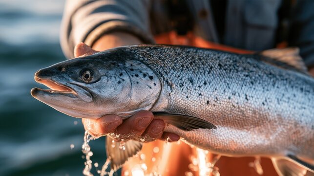 Close-up of fresh fish held by person with water droplets falling, natural outdoor fishing catch in hand detailed scales and wet skin