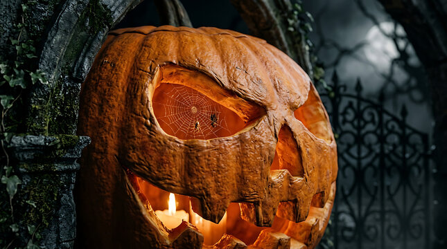 Carved jack o lantern with glowing candle inside on snowy ground at night
