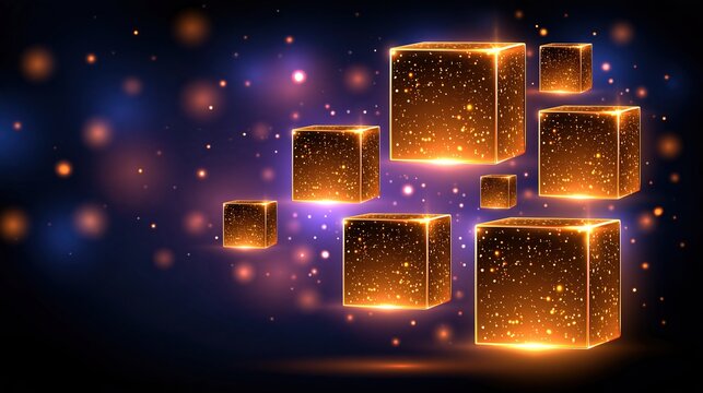 Abstract glowing cubes with golden particles on a dark background