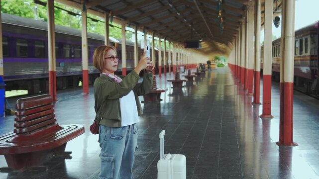 A stylish woman walks along a covered train station platform pulling a white suitcase while holding her phone and then stops to take a photo and record a video with a smile on her face as trains wait 
