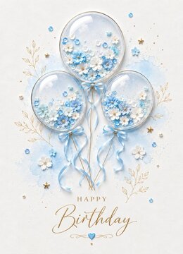 Elegant Happy Birthday Greeting Card With Blue Floral Transparent Balloons