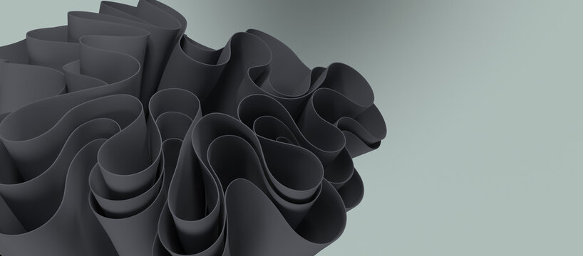 Abstract 3d fluid curved ribbon waves in matte black color