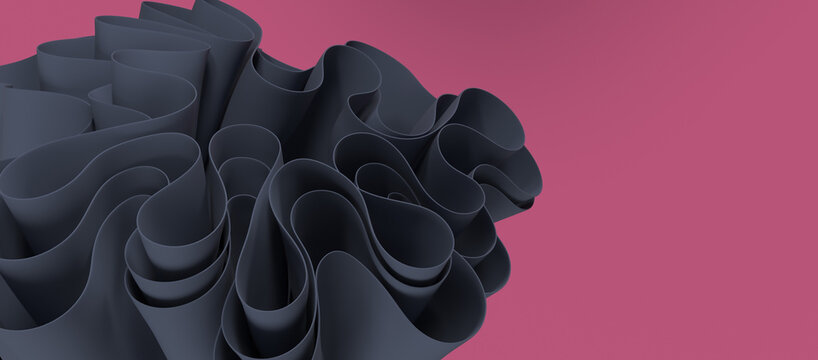 Abstract 3d curved ribbon folds in charcoal and vibrant pink