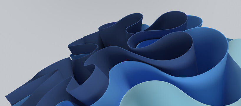 Abstract 3d layered fluid curved ribbon waves in blue tones