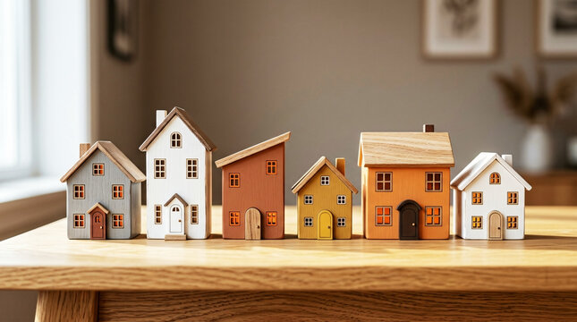 Row of diverse wooden miniature houses standing on a table, symbolizing residential property, housing, and growth