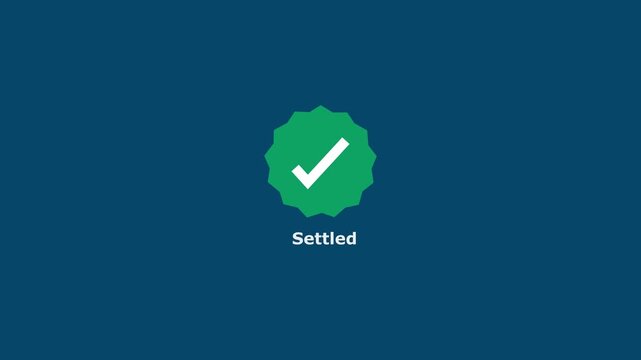 Animated green checkmark icon with settled text for financial transactions and ui