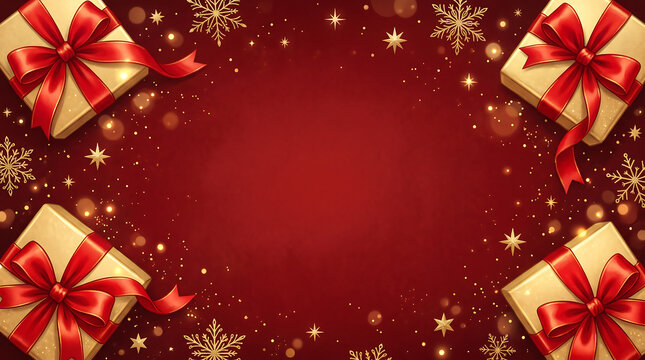 Festive red background with golden gifts and sparkling snowflakes for holiday celebrations