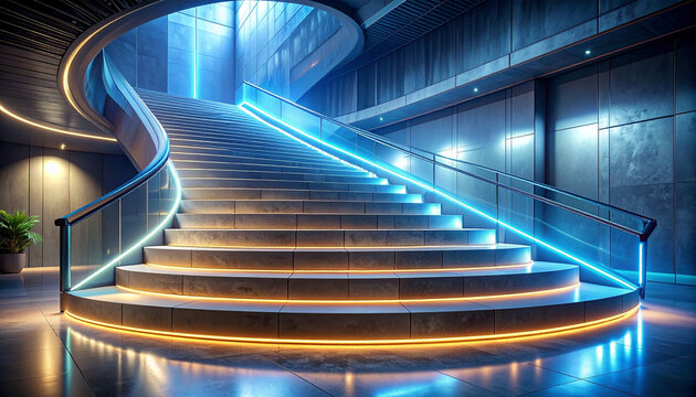 Modern curved staircase with glowing blue and yellow LED lights