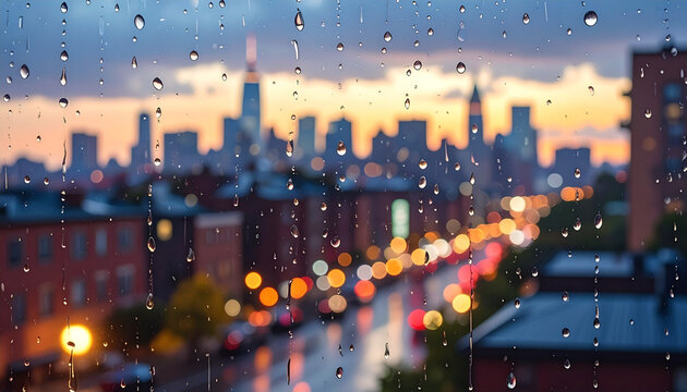 Rainy city skyline at dusk with bokeh lights