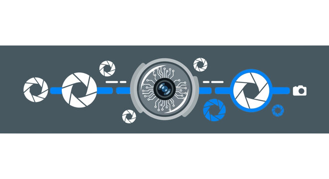 Digital smart camera eye and aperture icons on a flat tech banner