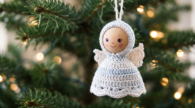 Handmade crocheted angel ornament hanging on a softly lit christmas tree branch