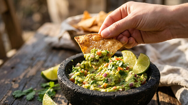 Person serving delicious homemade guacamole from a black bowl with a wooden spoon