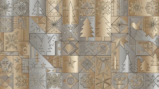 Luxury Christmas geometric pattern featuring embossed trees, snowflakes, stars, and festive icons in gold and silver tones