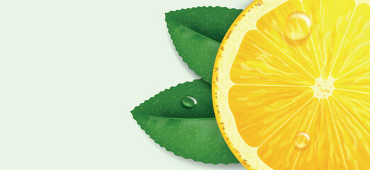 Fototapeta premium Realistic lemon fruit with green leaves and juice drop on light background. Fresh lemon slice banner