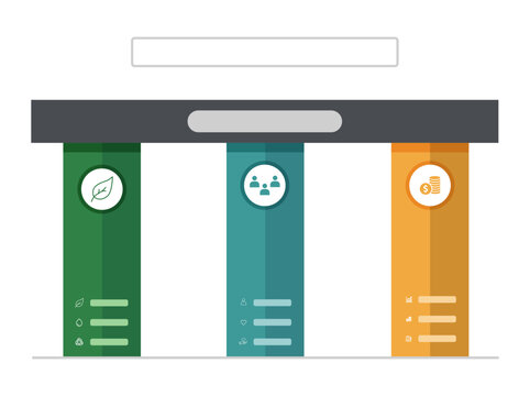 Three column infographic template with green, teal and orange pillars, icons and text lines under a dark header bar