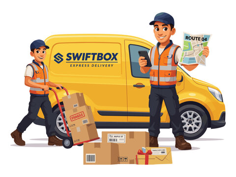Delivery team with parcels beside yellow cargo van, courier service and shipping illustration
