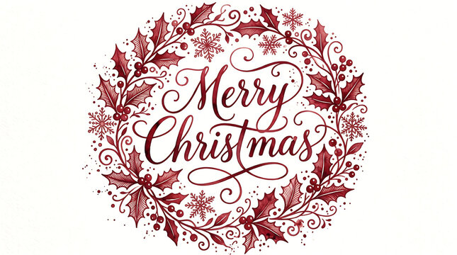 Watercolor wreath with festive calligraphy spelling merry christmas on a white background