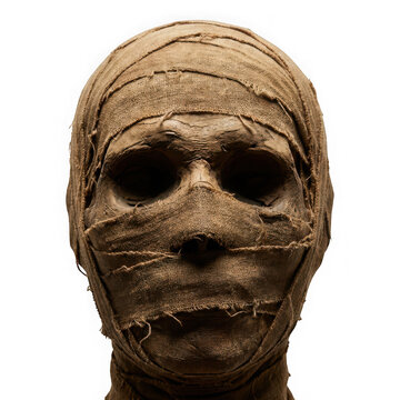 Ancient egyptian mummy head wrapped in linen bandages, detailed texture of aged fabric, mysterious historical artifact isolated on transparent background