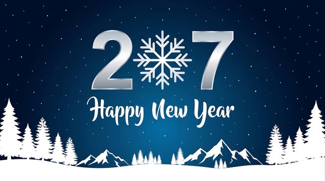 Silver numbers twenty seven with happy new year text over winter landscape and falling snowflakes